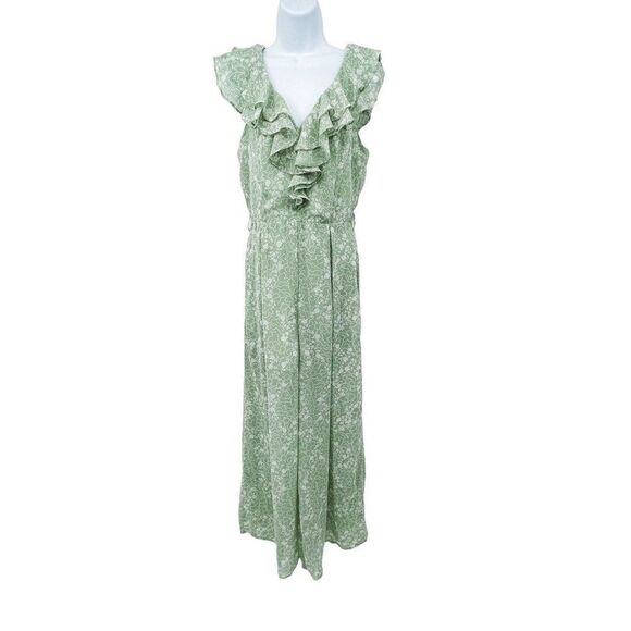 Listicle Floral Print Chiffon Ruffle Wide Leg V-Neck Jumpsuit Green Medium - Picture 2 of 11